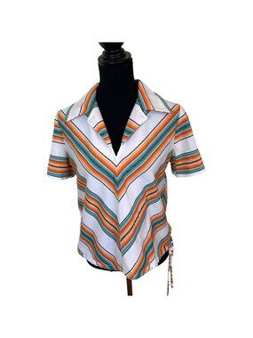 Vtg Womens Chevron Striped Shirt Short Sleeve Adjustable Hem White Medium 1970s